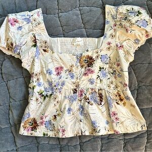 Anthropologie Floral Smocked Blouse - Cream and Purple